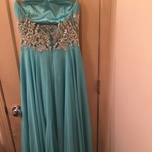 Aquamarine Long Dazzled Strapless Gown, Size 7